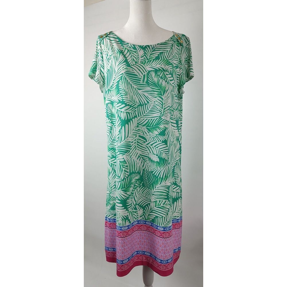 Pappagallo Green Tropical Palm Print Shift Dress Gold Button Shoulder Womens L
